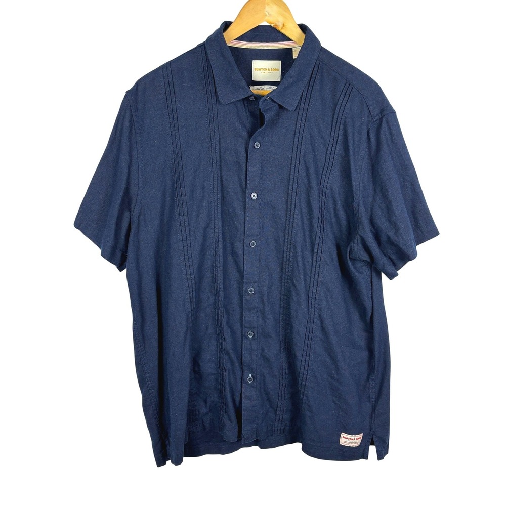 Scotch & Soda Mens Linen Pintuck Short Sleeve Shirt XL Navy Breathable Beach